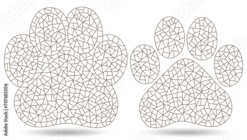 A set of contour illustrations in the style of stained glass with cat tracks, dark contours on a white background