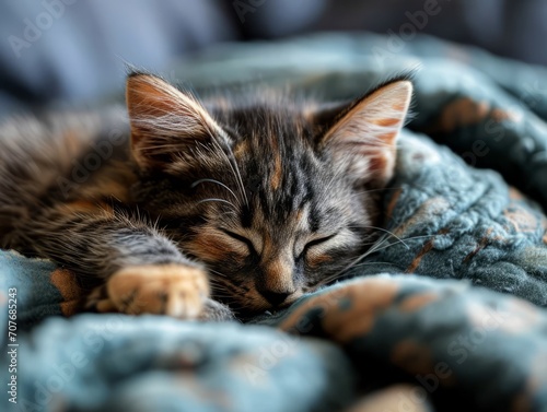 Obraz na plátně A young tabby kitten enjoying a peaceful nap on a soft, grey blanket