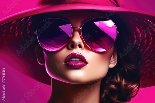 Elegant lady in wide brimmed hat with pink lips makeup on purple background. Young and beautiful woman is ready for vacation or party. Retro fashion concept. Banner with copy space