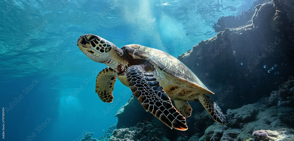 Fototapeta premium Majestic sea turtle gliding through the blue ocean among vibrant coral reefs.