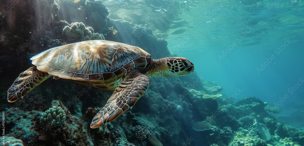 Majestic sea turtle gliding through the blue ocean among vibrant coral reefs.