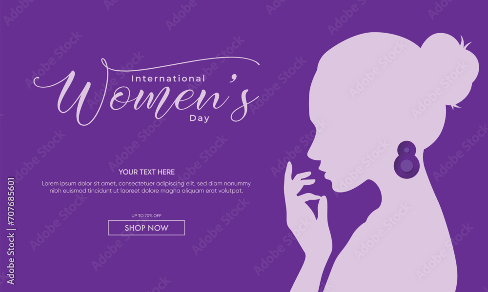 International women's day elegant lettering on purple background. Greeting card with elegant hand drawn calligraphy for Happy Women's Day. Vector illustration