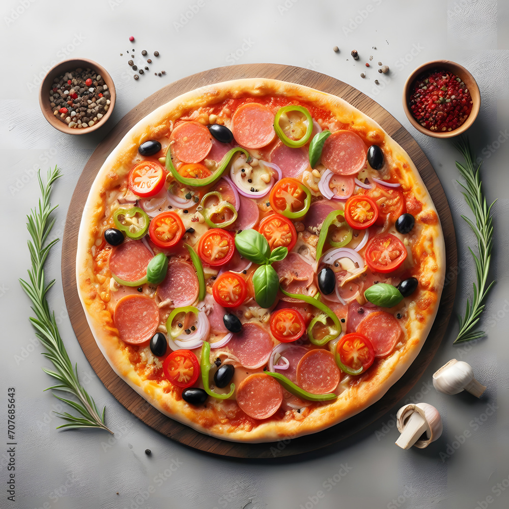 Pizza with salami, pepperoni, olives, and vegetables on a grey background, Italian cuisine, generative ai Pizza with salami, pepperoni, olives, and vegetables on a grey background, Italian cuisine, generative ai