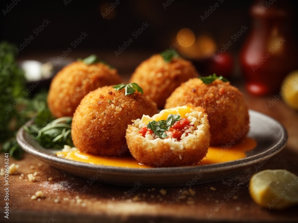 Crispy Delicious Arancini, deep fried Sicilian balls of rice.  Meat sauce and mozzarella cheese filling
