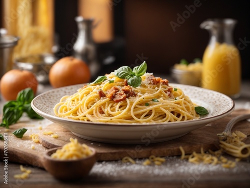 Spaghetti carbonara. Classic Italian pasta dish with silky cheese sauce with crisp pancetta black pepper