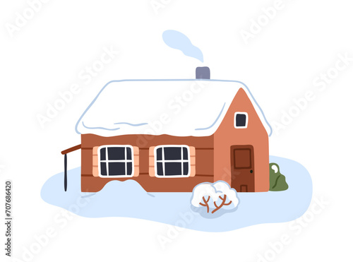 Winter house with smoke from chimney, roof covered with snow. Country home, r...