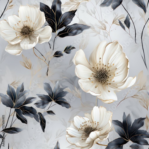 Fototapeta Naklejka Na Ścianę i Meble -  Seamless watercolor decorative white and black flowers pattern background