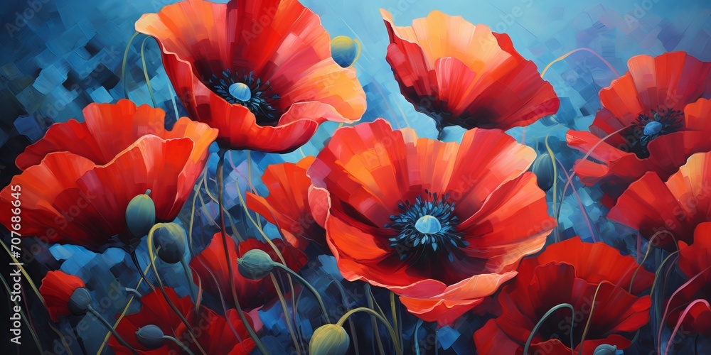 A bold oil painting of poppies in red and blue: a photo of a vibrant and expressive floral artwork A bold oil painting of poppies in red and blue: a photo of a vibrant and expressive floral artwork