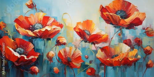 A bold oil painting of poppies in red and blue  a photo of a vibrant and expressive floral artwork