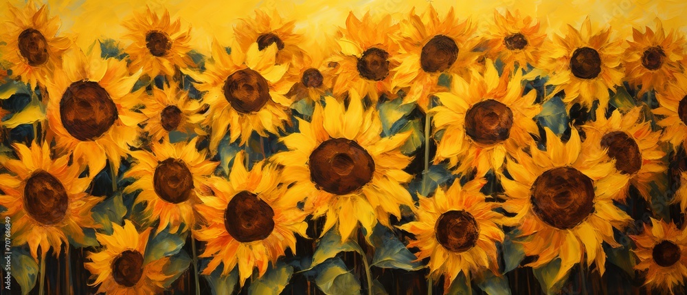 Sunflower field with vibrant yellow and green colors in an impressionist oil painting style Sunflower field with vibrant yellow and green colors in an impressionist oil painting style
