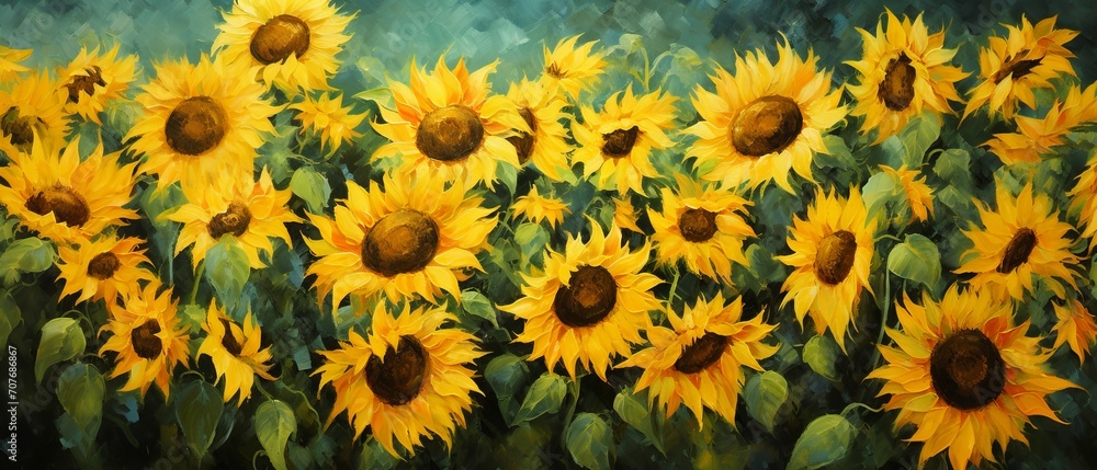 Sunflower field with vibrant yellow and green colors in an impressionist oil painting style Sunflower field with vibrant yellow and green colors in an impressionist oil painting style