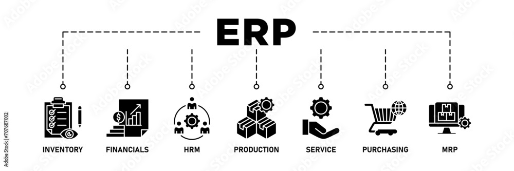 ERP banner web icon set vector illustration concept for enterprise resource planning with icon of inventory, financials, hrm, production, service, purchasing, and mrp ERP banner web icon set vector illustration concept for enterprise resource planning with icon of inventory, financials, hrm, production, service, purchasing, and mrp
