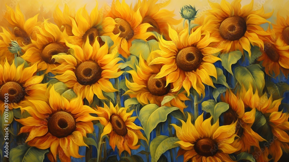Sunflower field with vibrant yellow and green colors in an impressionist oil painting style Sunflower field with vibrant yellow and green colors in an impressionist oil painting style