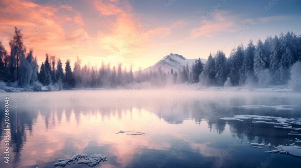 Beautiful lake at sunrise with foggy Winter forest
