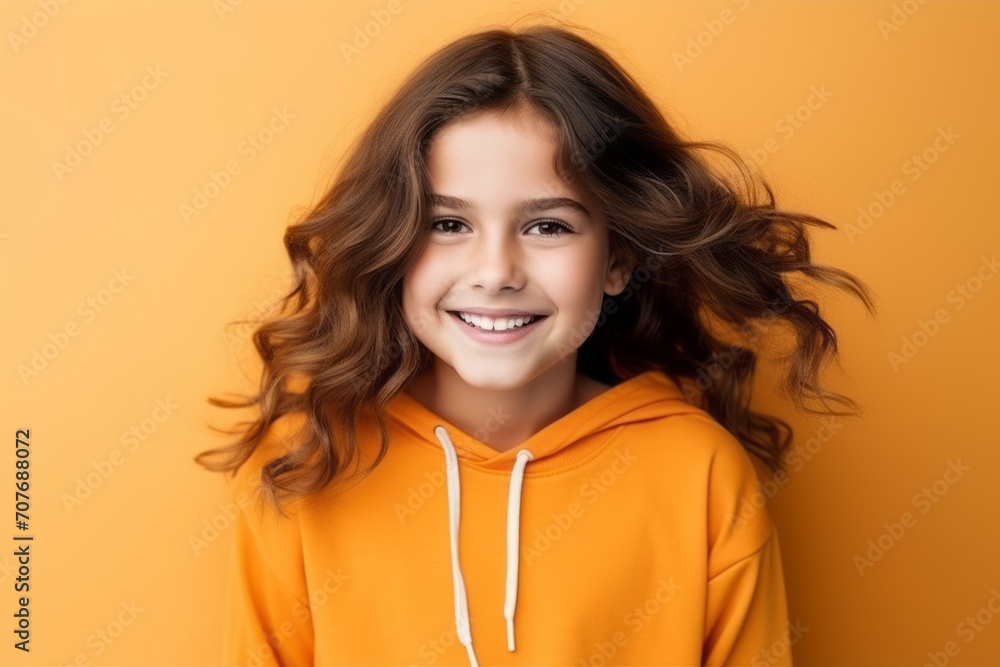 Portrait of a beautiful young girl in a yellow hoodie on a yellow background Portrait of a beautiful young girl in a yellow hoodie on a yellow background
