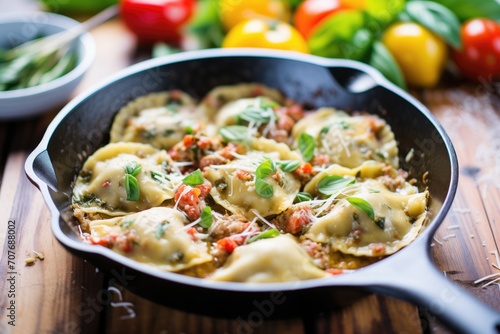 meat-filled ravioli skillet meal with tomatoes and garlic