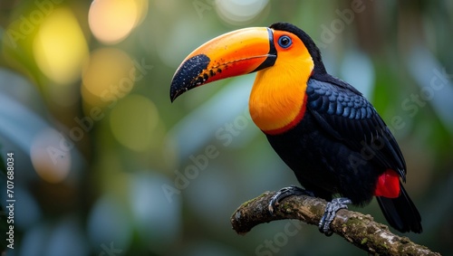 Toucan tropical bird sitting on a tree branch in forest