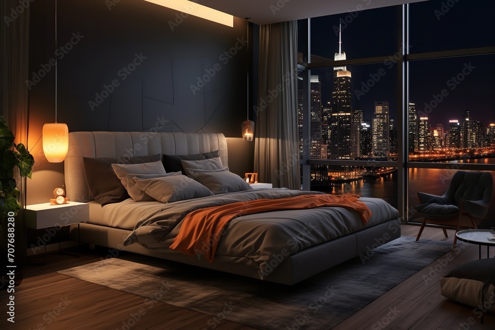 a modern bedroom with a view of a city skyline at night. The room is decorated with a gray and orange color scheme and has a large window with a view of the city. a modern bedroom with a view of a city skyline at night. The room is decorated with a gray and orange color scheme and has a large window with a view of the city.