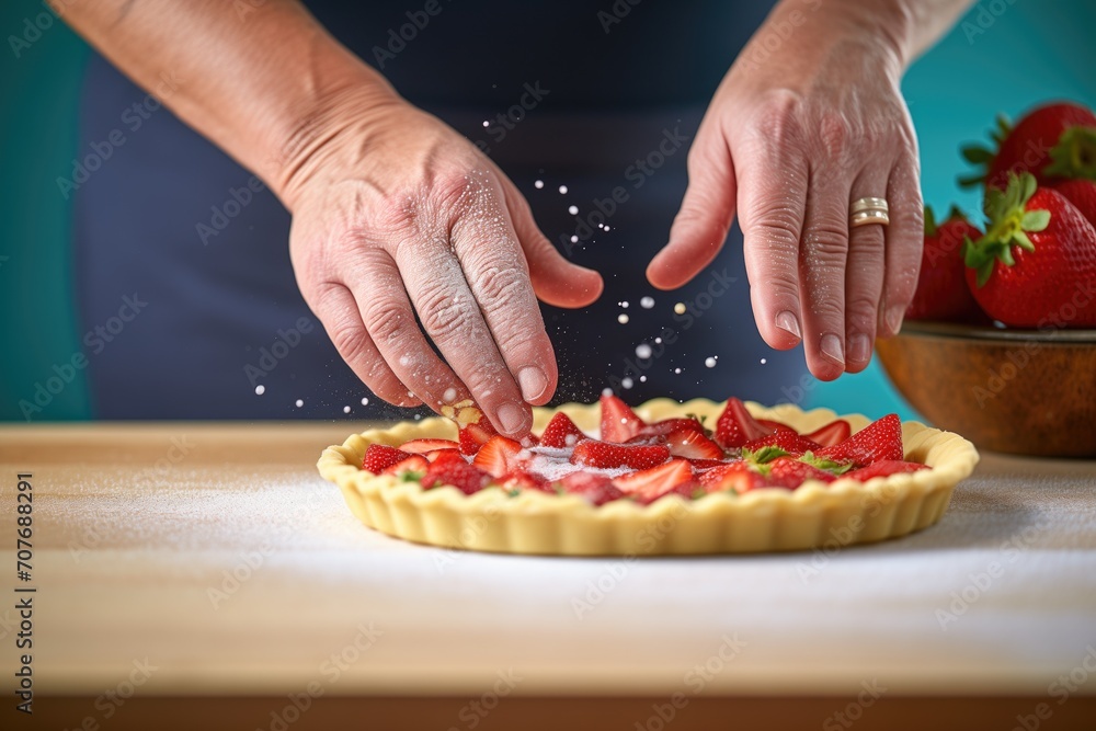 hand placing a strawberry on a berry pie dough