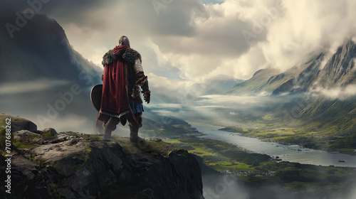 Viking King's Epic Fjord Scene: Mythological Warriors in a Cinematic Norse Battle Adventure