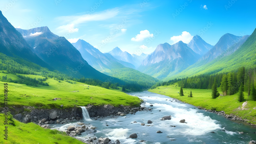 Mountain landscape with river and mountains Ai Generated