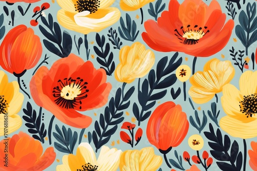 Abstract hand drawn flower art seamless pattern illustration. Acrylic paint nature floral background in vintage art style. Spring season painting print.