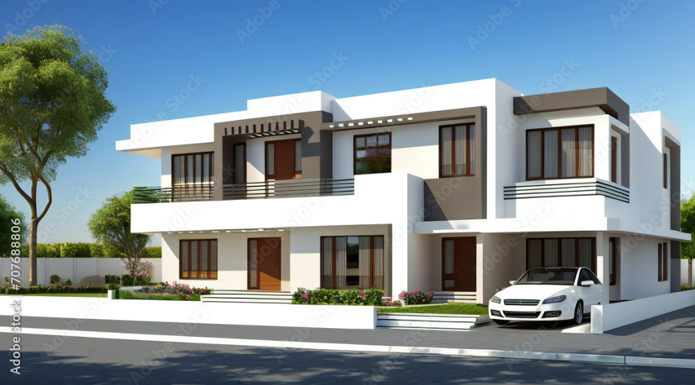 Fototapeta premium Modern luxury two-story residential house exterior with white and gray facade, large windows, green landscaping, and a white car parked in the driveway under a clear blue sky