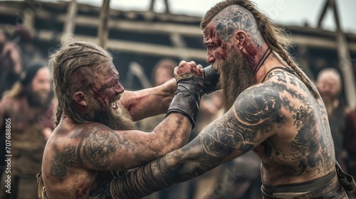 Viking Warrior's Epic Sparring Match: Mythological Norse Adventure in a Cinematic Medieval Battle Scene