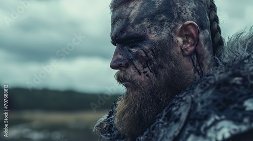 Epic Viking Warrior Defiantly Stands on Desolate Battlefield, Ready for Battle - A Cinematic Norse Mythology Scene of Historical Medieval Adventure