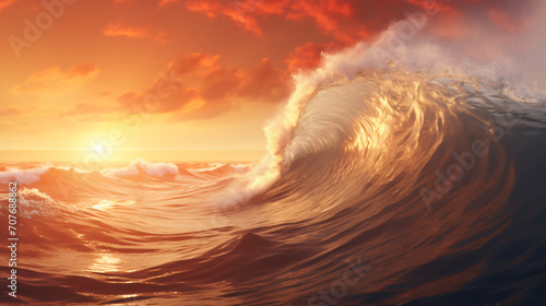 Beautiful sunrise over the sea and breaking ocean waves
