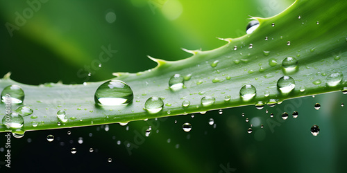 Rephrase A plant named Aloe Vera, Macro shot of aloe vera leaf with water drops, Water droplets on a green leaf, generative AI photo