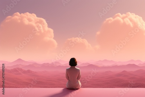 a lonely girl seated in a che chair watching landscape, the sunset, meditative theme concept photo