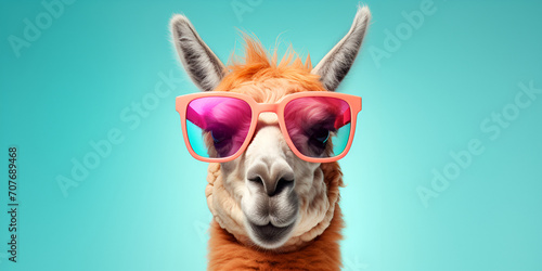 a stylish llama wearing sunglasses against a vibrant blue backdrop, Creative animal concept. a llama wearing sunglasses on a green background , digital art, faceted, generative AI © Chanda