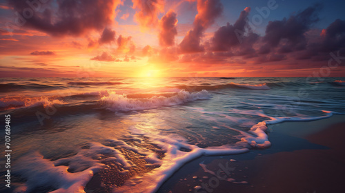 Beautiful sunrise over the sea shore and lonely beach