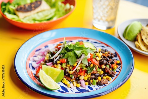 charred corn  black beans  avocado salad on a bright plate