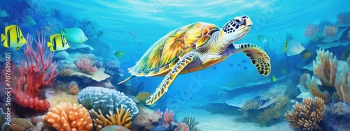 a sea turtle in a beautiful blue ocean with fishes, seaweed and corals. turquoise water color. background wallpaper