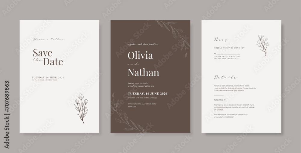 Elegant and minimalist with and brown wedding invitation. Simple and elegant wedding card template