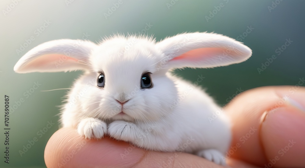 in this mesmerizing image a white cute bunny sitting on the tip of the finger, macro shot, in the style of fantasy realism in this mesmerizing image a white cute bunny sitting on the tip of the finger, macro shot, in the style of fantasy realism
