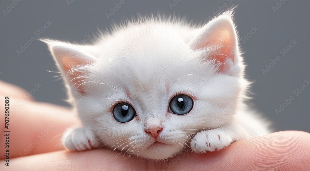 in this mesmerizing image a white cute kitten sitting on the tip of the finger, macro shot, in the style of fantasy realism in this mesmerizing image a white cute kitten sitting on the tip of the finger, macro shot, in the style of fantasy realism