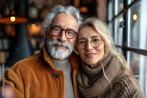 A happy elderly couple stand near the window, pose, take a selfie on the phone