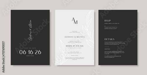 Elegant and minimalist black white wedding invitation. Simple engraved wedding card template photo