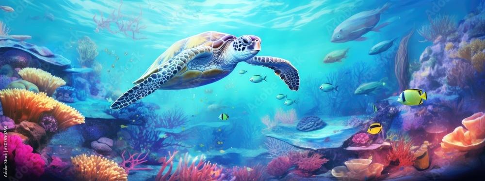 a sea turtle in a beautiful blue ocean with fishes, seaweed and corals. turquoise water color. background wallpaper a sea turtle in a beautiful blue ocean with fishes, seaweed and corals. turquoise water color. background wallpaper