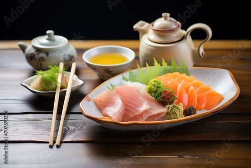 sashimi plate accompanied by a traditional japanese tea set