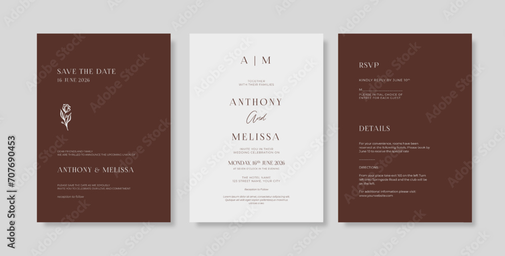 Elegant and minimalist wedding invitation. Simple engraved wedding card template