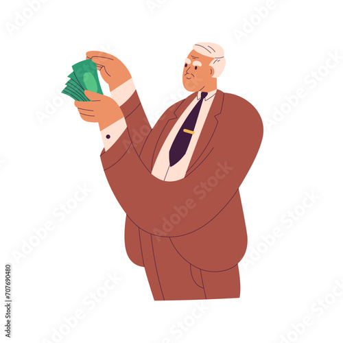Old rich man. Wealthy character in suit counting money, cash. Senior elderly person, businessman holding dollar bills, banknote in hands. Flat vector illustration isolated on white background