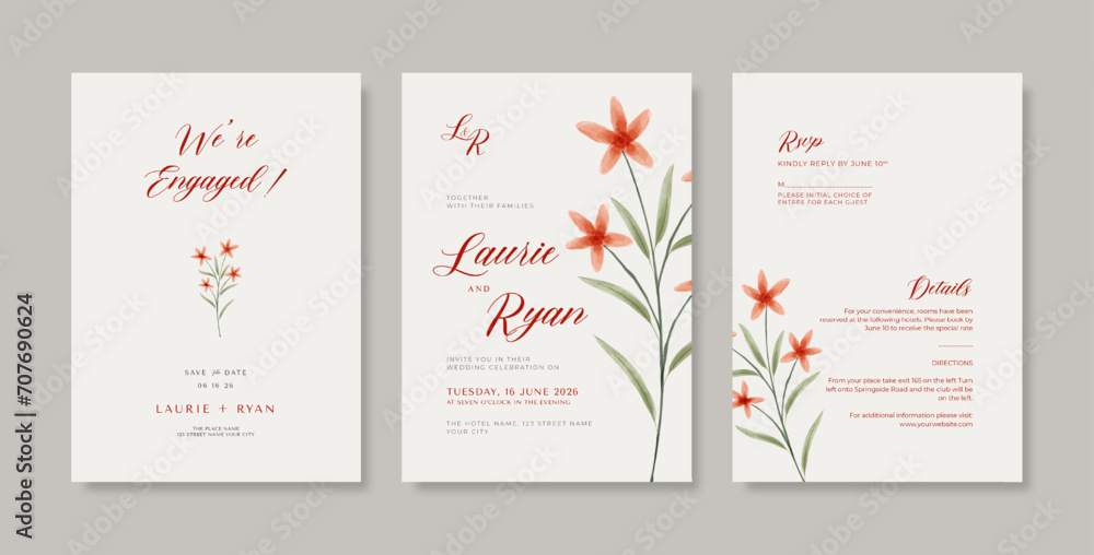 Beautiful wedding invitation template with watercolor flower