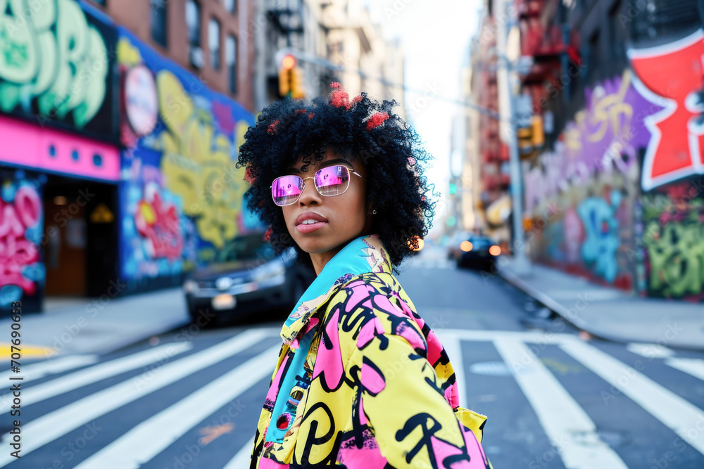 Trendy urban street fashion scene featuring a stylish African - American woman in her late 20s, donning vibrant streetwear striding across a city crosswalk, with bold graffiti in backdrop.