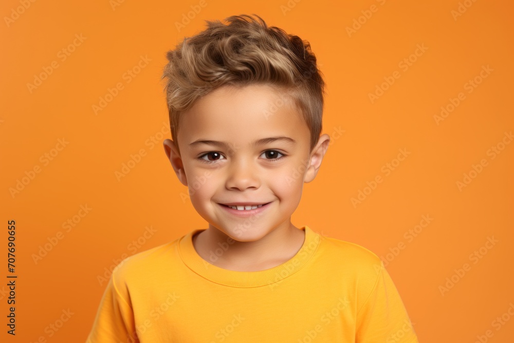 Portrait of a cute little boy in a yellow t-shirt on an orange background Portrait of a cute little boy in a yellow t-shirt on an orange background