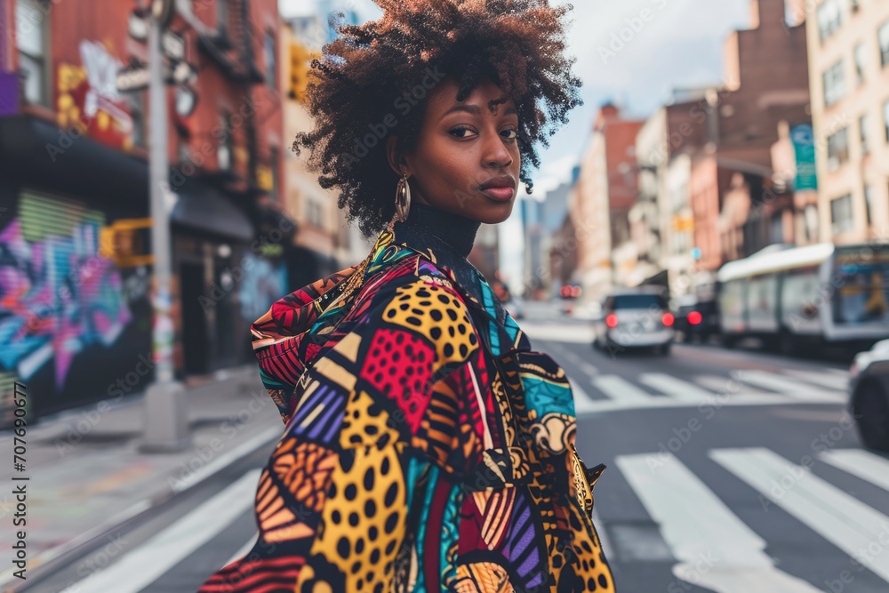 Trendy urban street fashion scene featuring a stylish African - American woman in her late 20s, donning vibrant streetwear striding across a city crosswalk, with bold graffiti in backdrop.