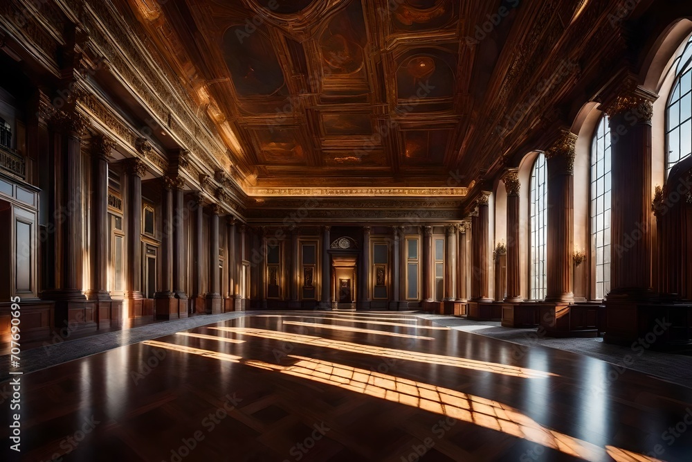 an awe-inspiring hall illuminated flawlessly, accentuating its beauty and grace. This super realistic image highlights the intricate design elements, evoking a sense of magnificence and splendor
